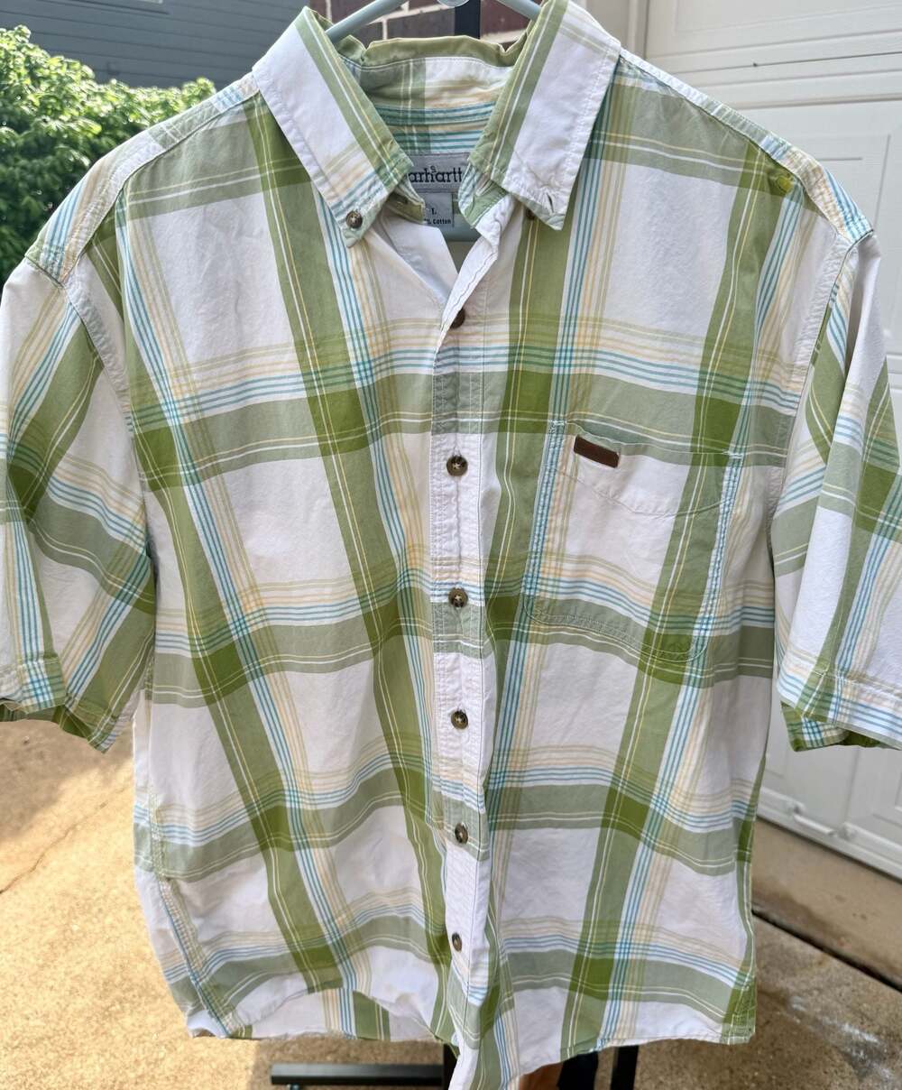 Carhartt Men's Short Sleeve Plaid Button Down Shirt Size Large Green White